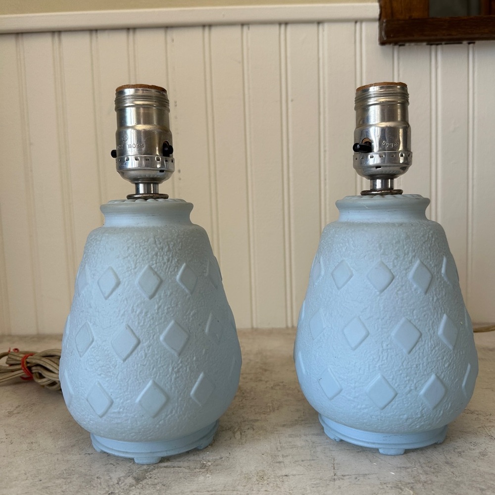 Vintage Blue Satin Glass Boudoir Lamp Set Of 2 Diamond Ice MCM Art Deco 9”